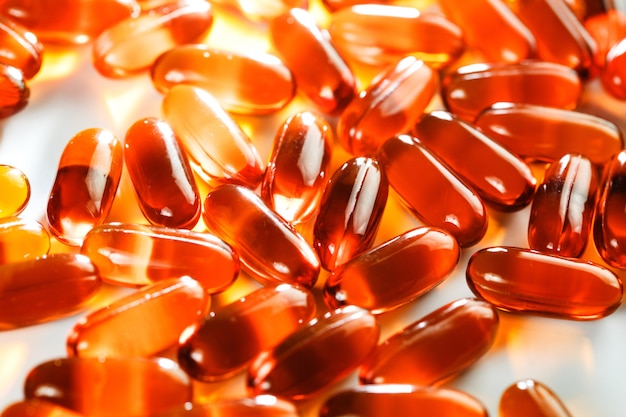 Gel capsules with Omega fish oil close-up