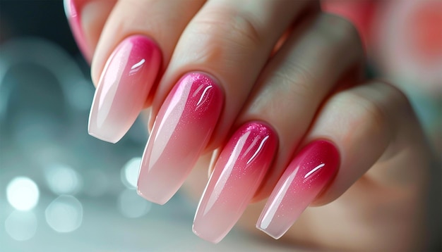 Gel nail extension pink colored Multicolored manicure with different shades of pink nail Polish