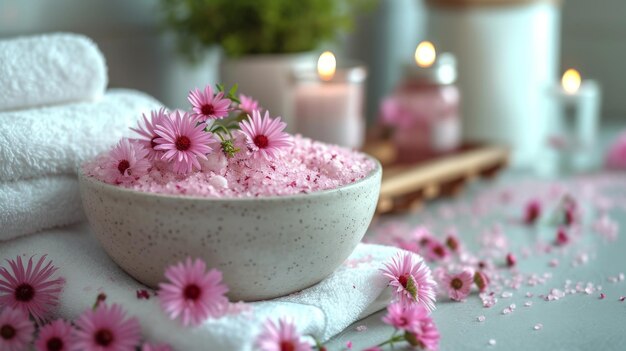 Gel white towels and a container with pink flowers for aromatherapy