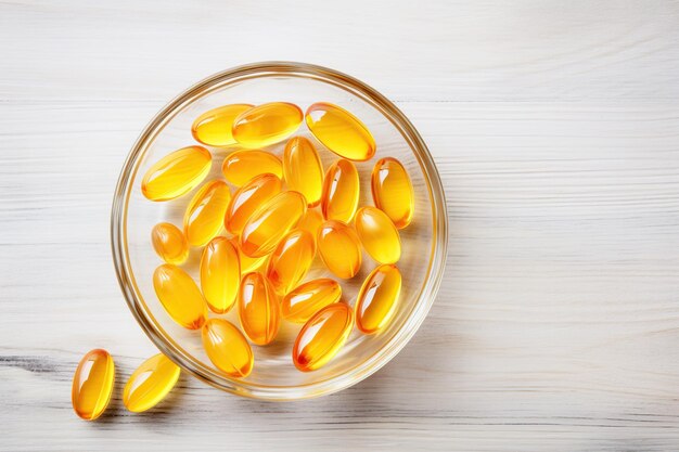 Gelatin capsules of omega 3 in glass bowl on wooden background