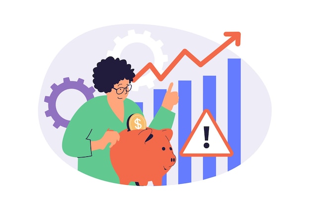 Geld besparen webconcept met platte cartoon mensen voor website design Vrouw die munten verzamelt in varkensbak maakt financiële gegevensanalyse met grafiek en pijl groei krijgt winst Vector illustratie