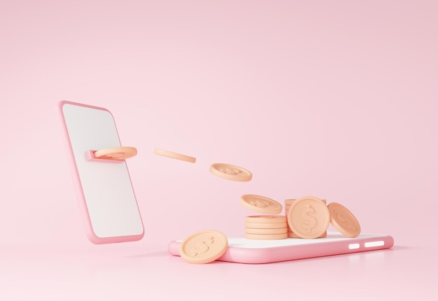 Geld betalingsoverdracht online concept in toepassing Internetbankieren op smartphone, roze pastel achtergrond illustratie minimalistische stijl, 3D-rendering