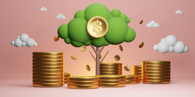 Geld blad boom van stapel gouden dollar munt passief inkomen waarde cashflow van zakelijke bancaire financiering financiële 3d illustratie rendering
