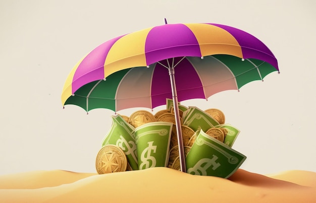 Geld dat onder de zomer van de strandparaplu valt die het concept van de spaarverzekering plant