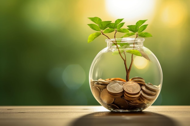 geld en planten groeien in een pot op houten tafel