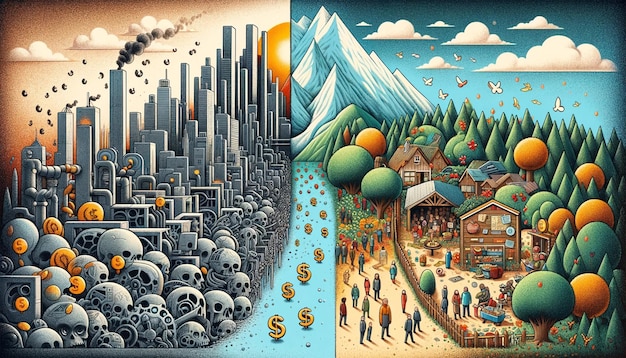 Geld tegenover de mensheid een symbolisch semi-abstract landschap