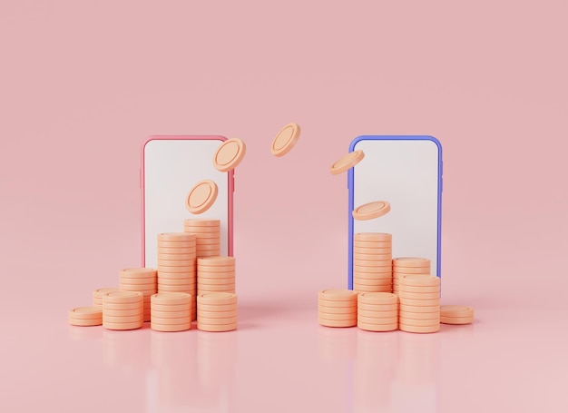 Geld transactie concept Geld overmaken via mobiel naar mobiel op roze achtergrond Geld online online betaling Financiële besparingen zakelijke financiën mobiel bankieren 3d pictogram render illustratie