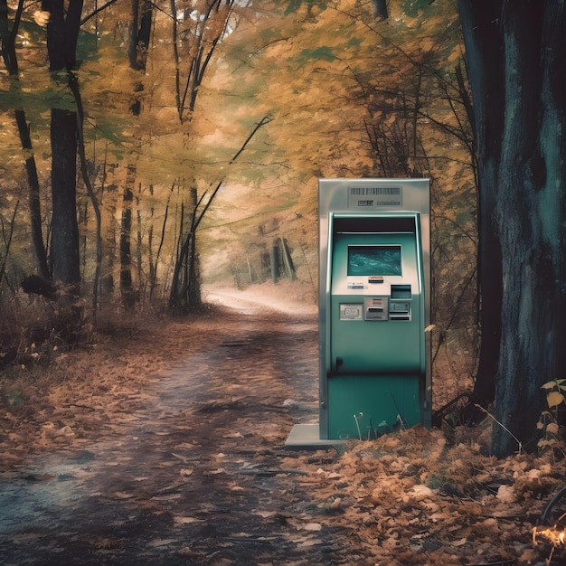 Geldautomaat in herfst bos Vintage stijl getinte foto