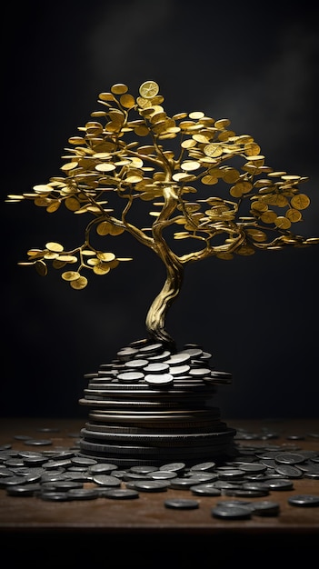Foto geldboom die groeit uit munten op donkere achtergrond