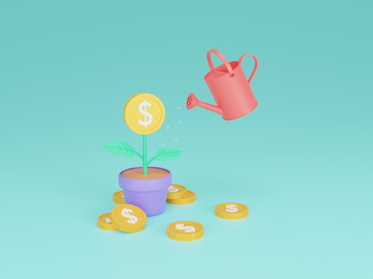 geldboom plant met munt bloem gieter en stapel munten 3d illustratie