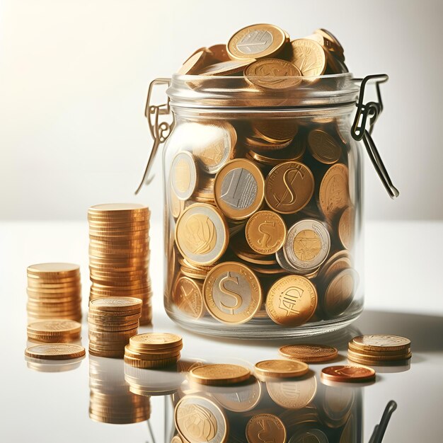 Foto geldmuntstukken in een geïsoleerde glazen pot close-up van geldmuntstukken achtergrond bedrijfsfinanciën economie