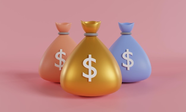 Geldzak met dollar pictogram geldbesparende concept Verschil geldzakken op roze achtergrond 3d render zaken en financiën