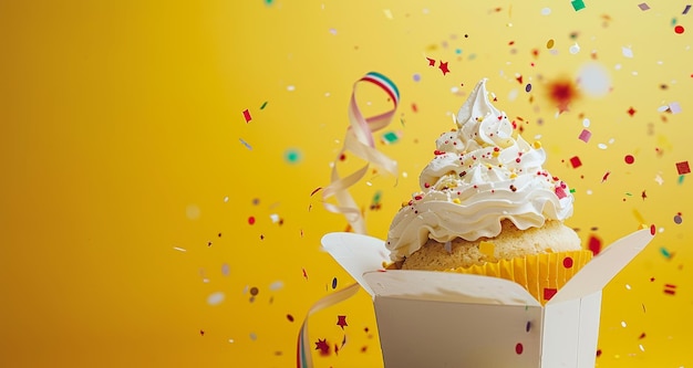 Gele achtergrond met cupcake in witte take-out doos bekroond met whipped cream en regenboog sprinkles
