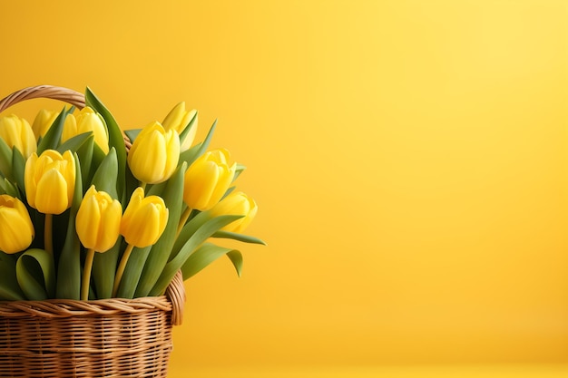 Gele achtergrond met tulpenboeket in vlechtmandje perfect voor voorjaarsontwerp Concept Voorjaarsontwerpen Gele agtergrond Tulpenboeket Voorjaarsboeket Bloemenarrangement