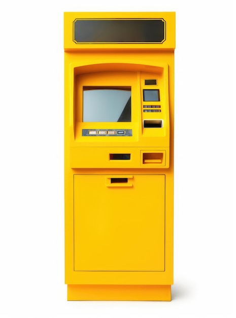 Gele ATM die op witte achtergrond wordt geïsoleerd