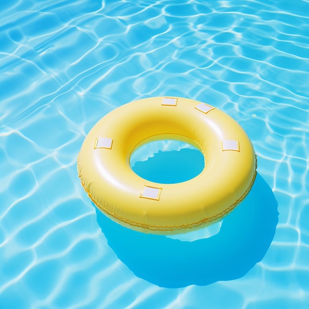 Gele badmeestervlotterring drijvend in blauwe zwembadflotador amarillo en piscina