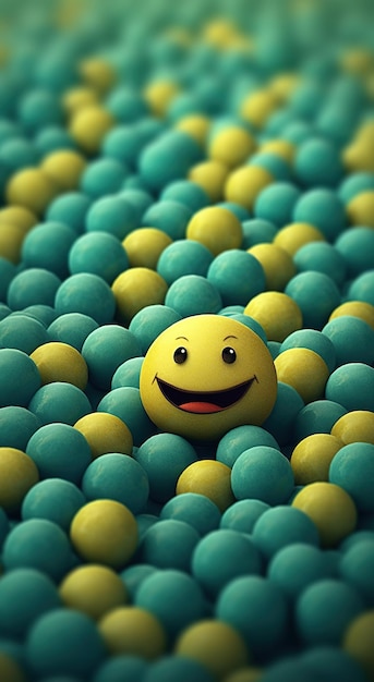 Gele ballon met een smiley onder vele ballonnen gelukkige leider die zijn team steunt
