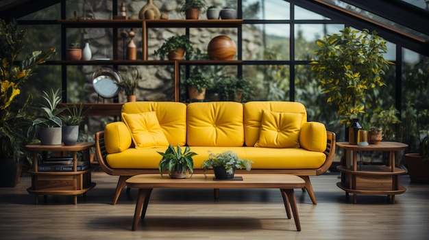 Gele bank en een houten tafel in het interieur van de woonkamer met plant
