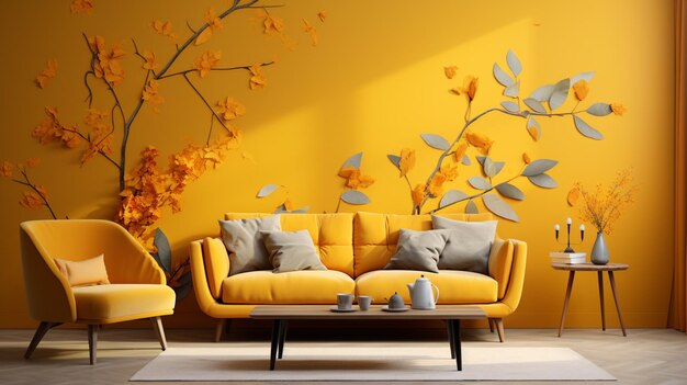 gele bank en stoel in een woonkamer met een boom geschilderd op de muur generatieve ai