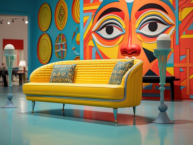 Gele bank in het Pop Art Museum Een levendige en speelse verklaring