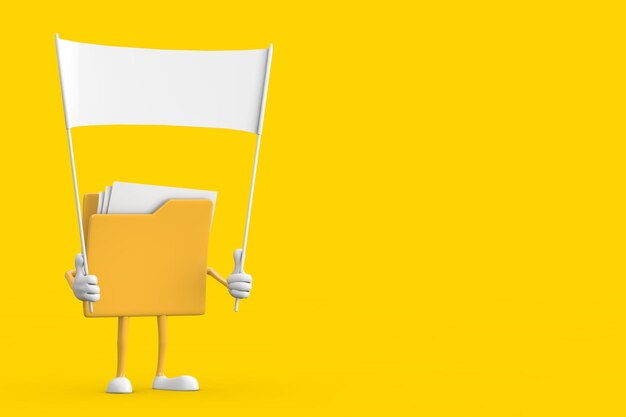 Foto gele bestandsmap icon cartoon person character mascot en leeg witte blank banner met vrije ruimte voor uw ontwerp 3d rendering