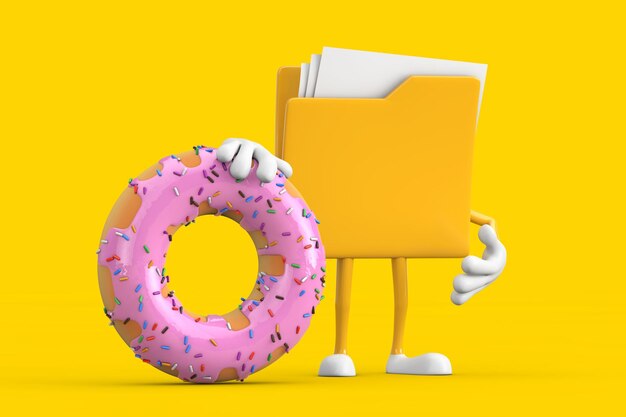 Foto gele bestandsmap icon cartoon person character mascotte met big strawberry pink glazed donut 3d rendering