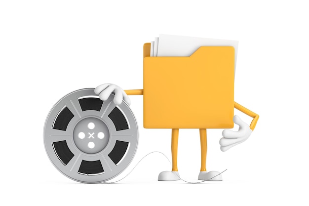 Foto gele bestandsmap icon cartoon persoon karakter mascotte met film reel cinema tape 3d rendering