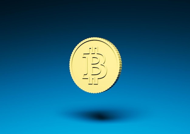 Gele bitcoin munt op een blauwe achtergrond 3d render