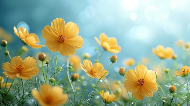 Gele bloemen bloeien onder blauwe hemel op een voorjaars achtergrond