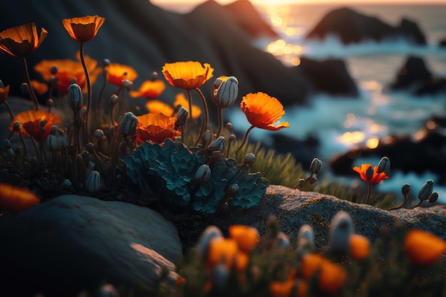 gele bloemen bloeien over bergen aan de kust