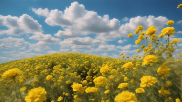 Gele bloemen heuvel onder blauwe wolkenhemel