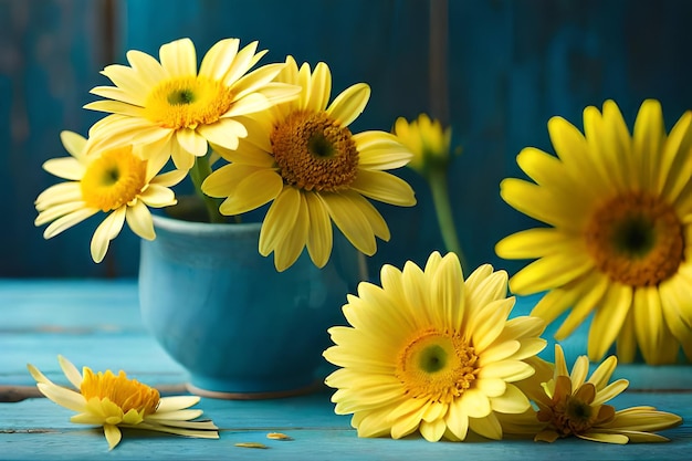 gele bloemen in een blauwe vaas met gele bloemblaadjes