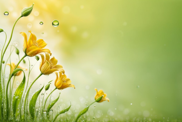 Gele bloemen met dauw op heldergroene achtergrond Generatieve AI