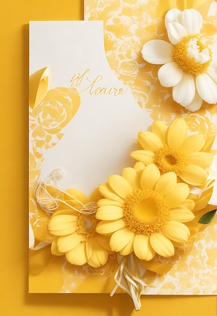 gele bloemen met een gouden lint op de omslag