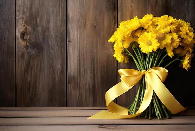 gele bloemen met lint op een houten achtergrond