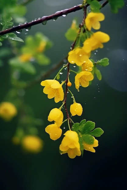 Gele bloemen op een tak met regendruppels erop