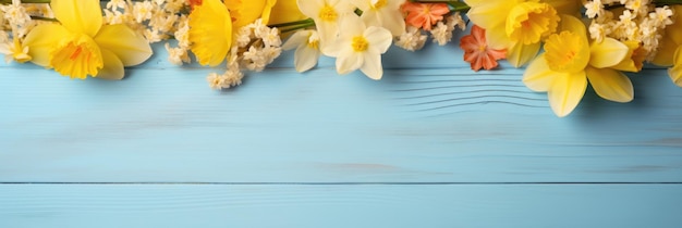 Gele bloemen op vintage houten achtergrond border design vintage kleur toon concept bloem van de lente of zomer achtergrond