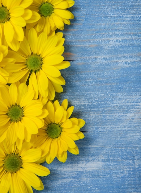 Gele bloemen over geschilderde houten achtergrond voor tekst