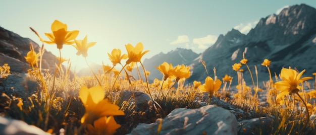 Gele bloemen voor majestueuze bergen