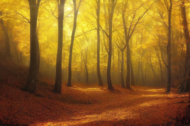 Gele bomen in de herfst bos zonnige dag trail bedekt met gevallen bladeren Digitale 3D illustratie