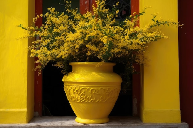 Gele buitenvaas met een boeket gele mimosa Generative AI