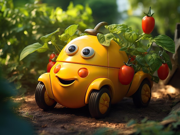 Gele cartoonauto met tomaten erop