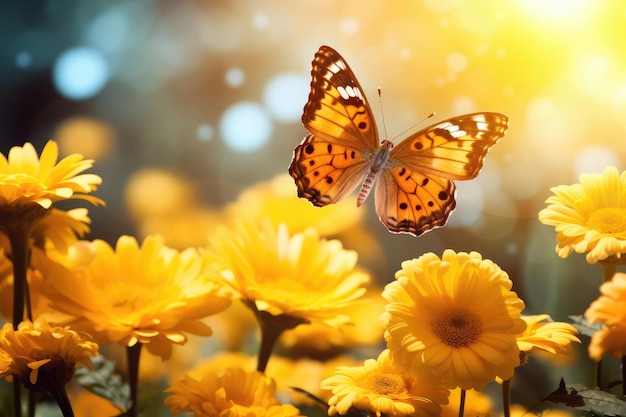 Gele chrysant bloemen en vlinder op de achtergrond van de natuur