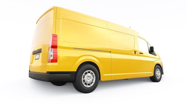 Gele commerciële bestelwagen voor het vervoer van kleine ladingen in de stad op een witte achtergrond Leeg lichaam voor uw ontwerp 3d illustratie