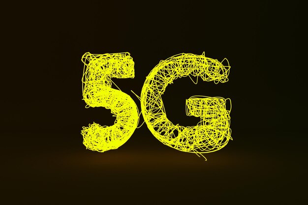 Gele digitale inscriptie 5G close-up op de zwarte achtergrond 5G nieuwe generatie mobiele communicatie