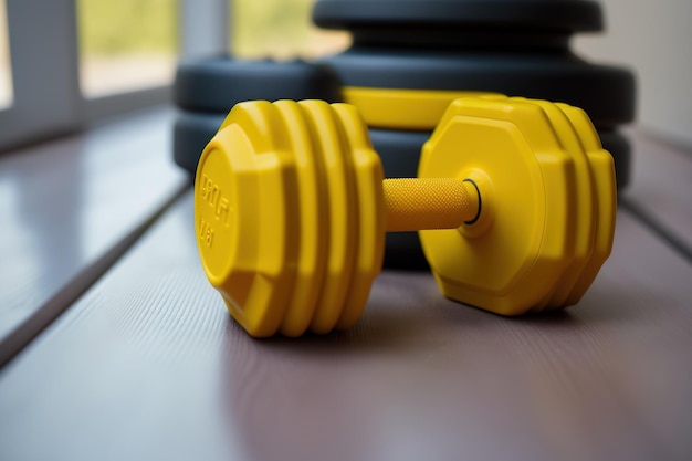 Gele Dumbbell-hoekfitness en gezonde levensstijl kopiëren ruimte