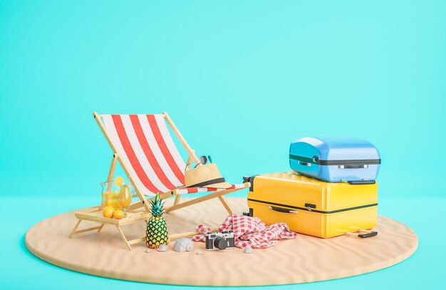 Foto gele en blauwe koffer met strandstoel en reisaccessoires op zandstandaard en lichtblauwe achtergrond zomerreisconcept 3d model en illustratie