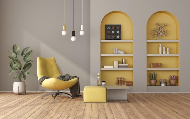 Gele en grijze moderne woonkamer