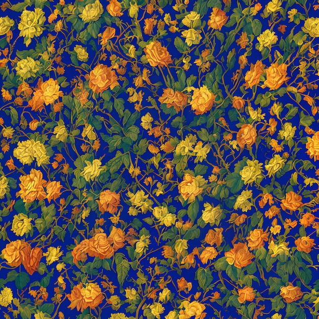 Gele en oranje bloemen op blauwe achtergrond