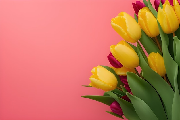 Gele en rode tulpen op een roze achtergrond